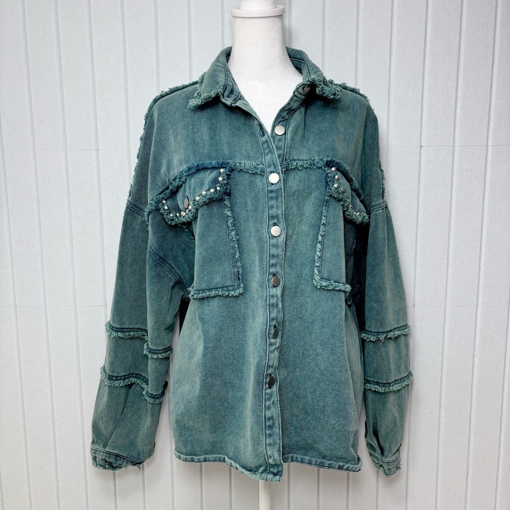 POL Green teal Denim Stone Washed Jacket / Shirt
 Button Up Studded Size S‎